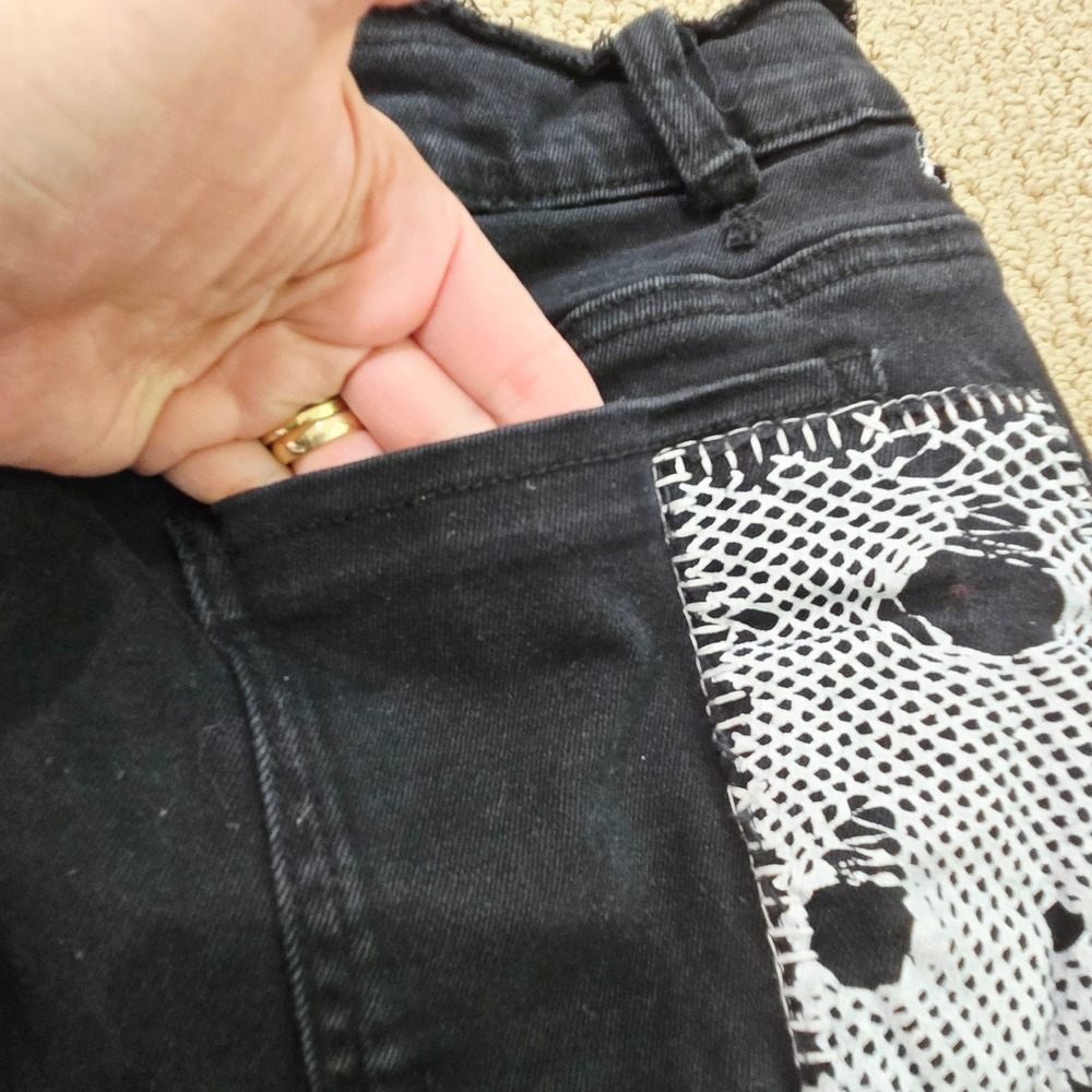Current Mood Dolls Kill Black Jeans Womens Medium Patch Lace Up Punk Goth Skinny - Picture 14 of 16